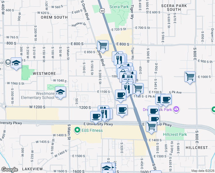 map of restaurants, bars, coffee shops, grocery stores, and more near 1050 Orem Boulevard in Orem