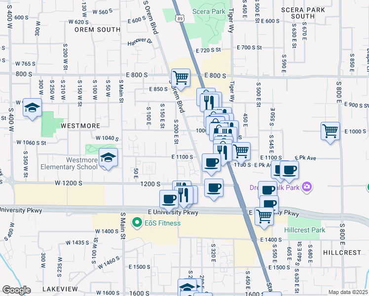 map of restaurants, bars, coffee shops, grocery stores, and more near 1050 Orem Boulevard in Orem