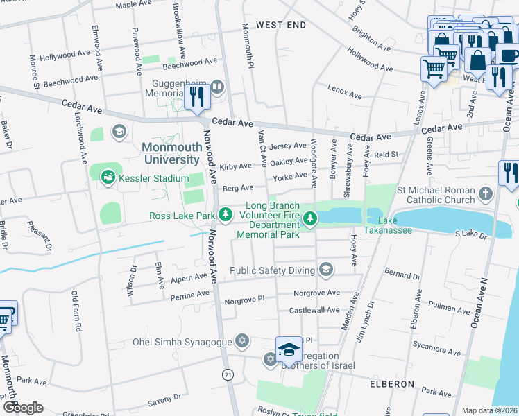 map of restaurants, bars, coffee shops, grocery stores, and more near 1 Clarence Avenue in Long Branch