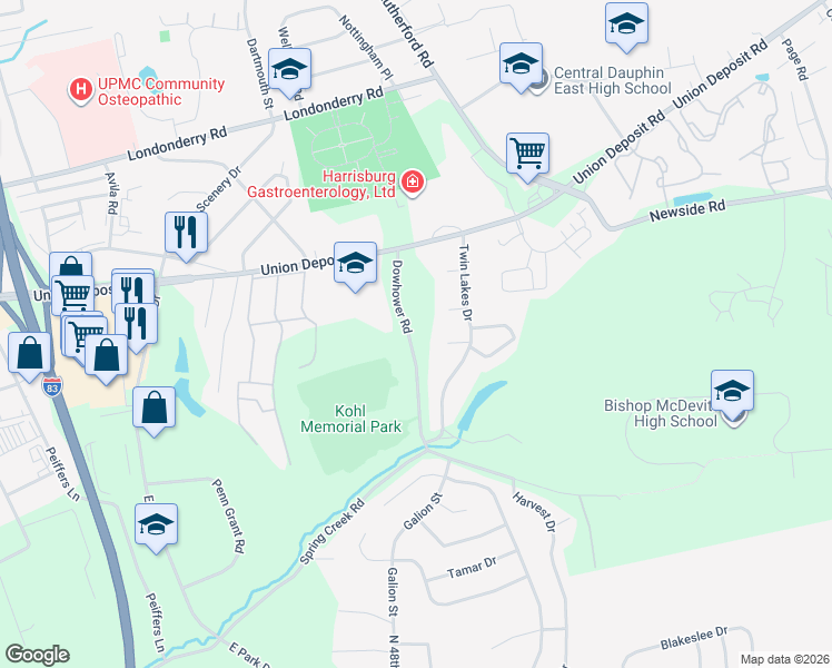 map of restaurants, bars, coffee shops, grocery stores, and more near 1149 Pleasant Drive in Harrisburg