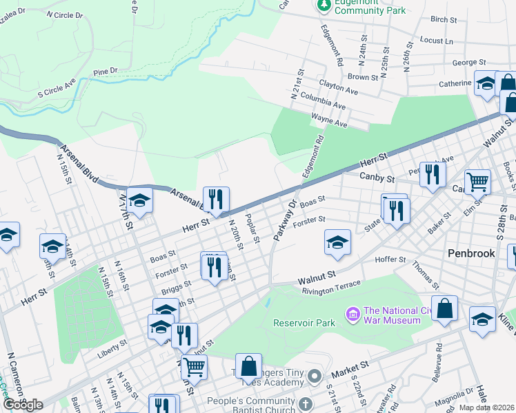 map of restaurants, bars, coffee shops, grocery stores, and more near 2045 Herr Street in Harrisburg