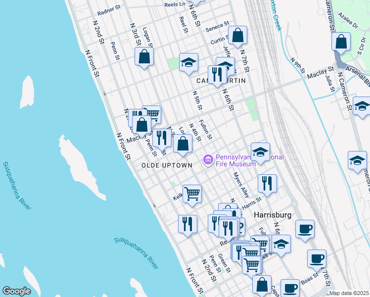 map of restaurants, bars, coffee shops, grocery stores, and more near 2001 North 3rd Street in Harrisburg