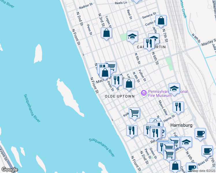 map of restaurants, bars, coffee shops, grocery stores, and more near 2051 Penn Street in Harrisburg