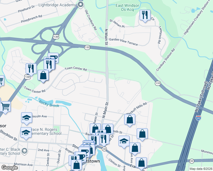 map of restaurants, bars, coffee shops, grocery stores, and more near 24 Quarry Court in East Windsor
