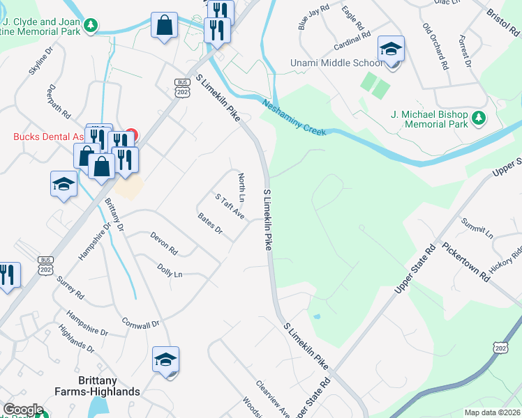 map of restaurants, bars, coffee shops, grocery stores, and more near 122 South Limekiln Pike in Chalfont