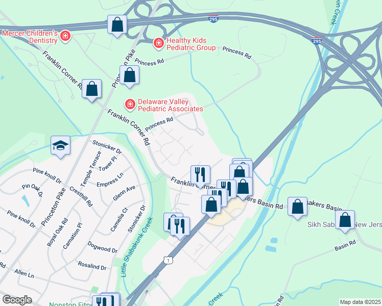 map of restaurants, bars, coffee shops, grocery stores, and more near 1312 Rustic Court in Lawrence Township