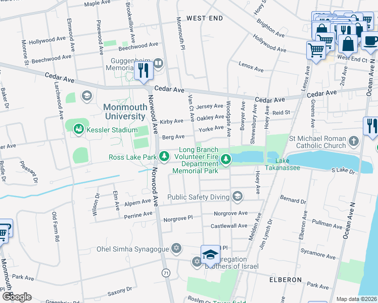 map of restaurants, bars, coffee shops, grocery stores, and more near 1 Clarence Avenue in Long Branch