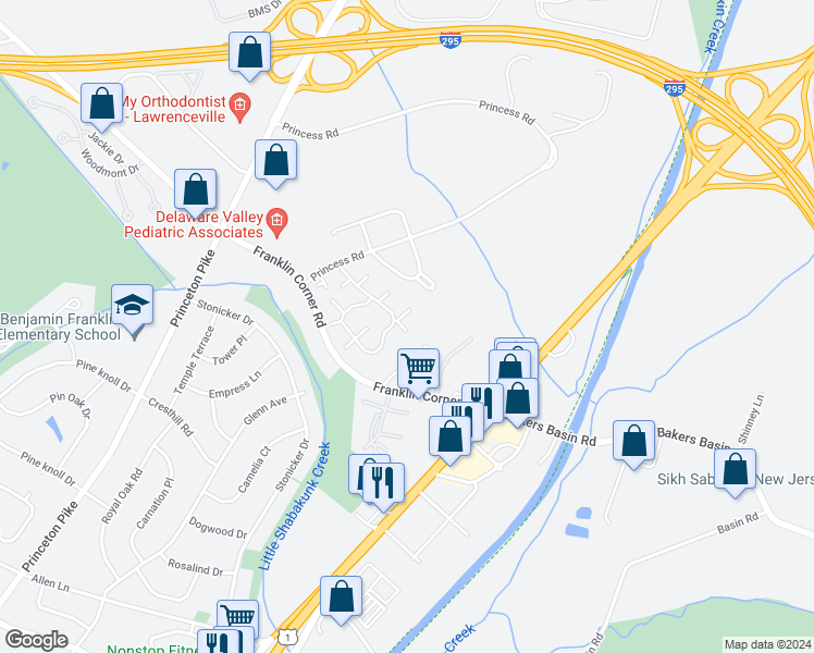 map of restaurants, bars, coffee shops, grocery stores, and more near 1312 Rustic Court in Lawrence Township