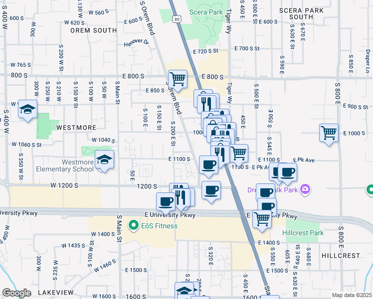 map of restaurants, bars, coffee shops, grocery stores, and more near 1070 South Orem Boulevard in Orem