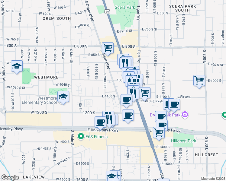 map of restaurants, bars, coffee shops, grocery stores, and more near 1070 South Orem Boulevard in Orem