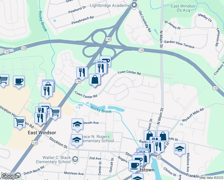 map of restaurants, bars, coffee shops, grocery stores, and more near 6 Brownstone Road in East Windsor