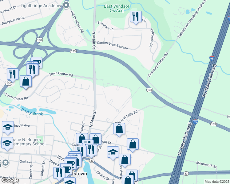 map of restaurants, bars, coffee shops, grocery stores, and more near 13 Powell Court in Hightstown