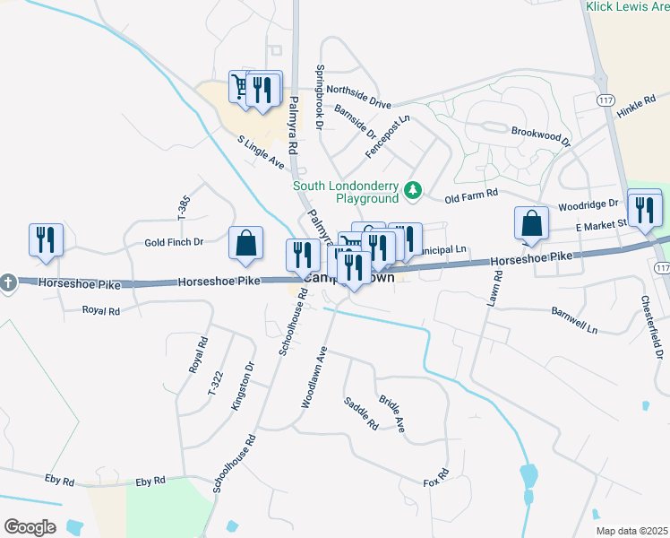 map of restaurants, bars, coffee shops, grocery stores, and more near 2875 Horseshoe Pike in Palmyra