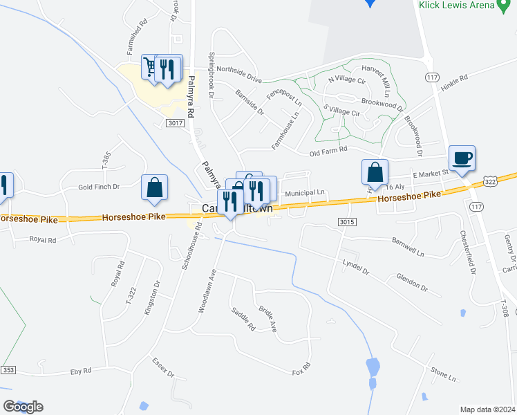 map of restaurants, bars, coffee shops, grocery stores, and more near 2839 Horseshoe Pike in Palmyra