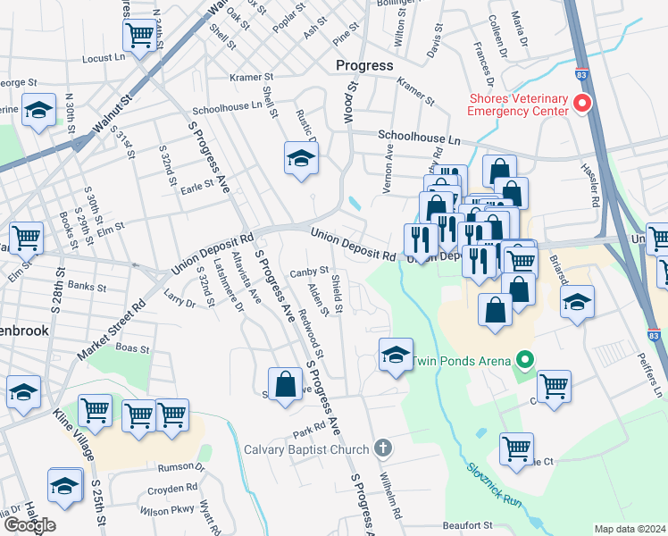 map of restaurants, bars, coffee shops, grocery stores, and more near 4084 Canby Street in Harrisburg