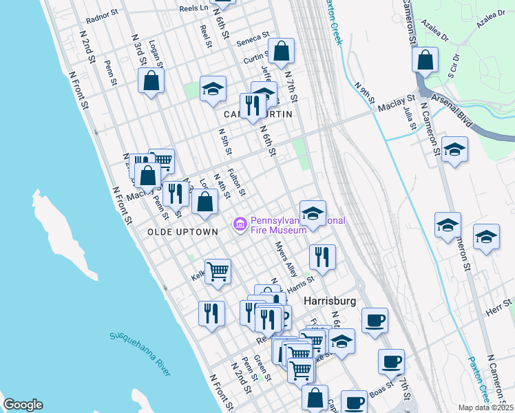map of restaurants, bars, coffee shops, grocery stores, and more near 444 Muench Street in Harrisburg