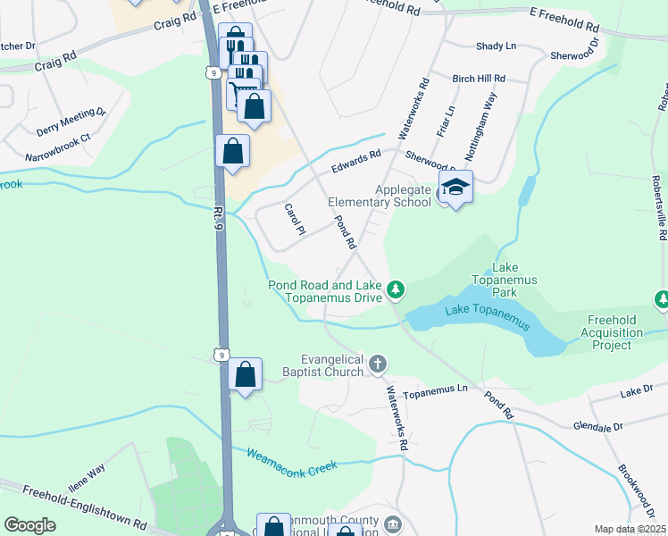map of restaurants, bars, coffee shops, grocery stores, and more near 170 Waterworks Road in Freehold