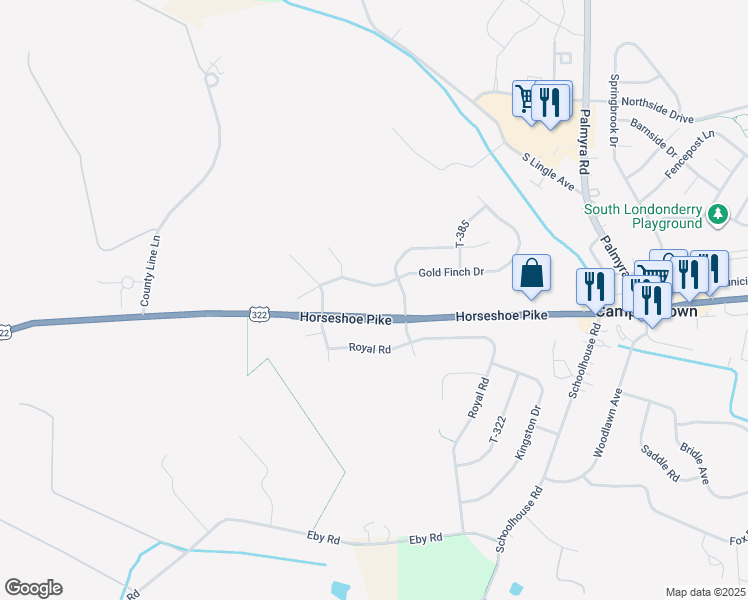 map of restaurants, bars, coffee shops, grocery stores, and more near 100 North Larkspur Drive in Palmyra