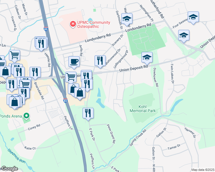 map of restaurants, bars, coffee shops, grocery stores, and more near 4341 Union Deposit Road in Harrisburg
