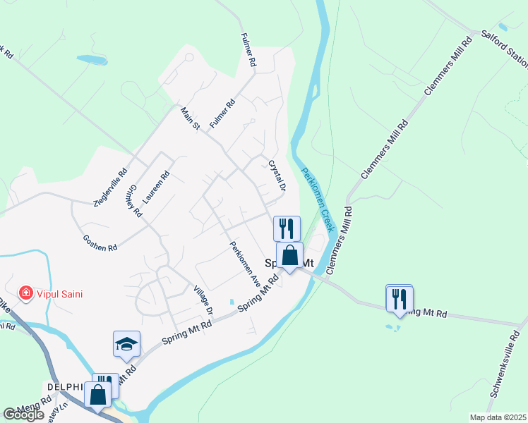 map of restaurants, bars, coffee shops, grocery stores, and more near 102 Main Street in Schwenksville