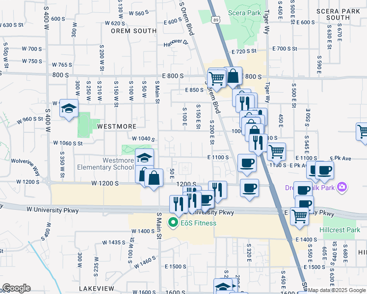map of restaurants, bars, coffee shops, grocery stores, and more near 1055 South 80 East in Orem