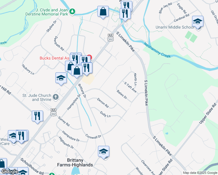map of restaurants, bars, coffee shops, grocery stores, and more near in Chalfont