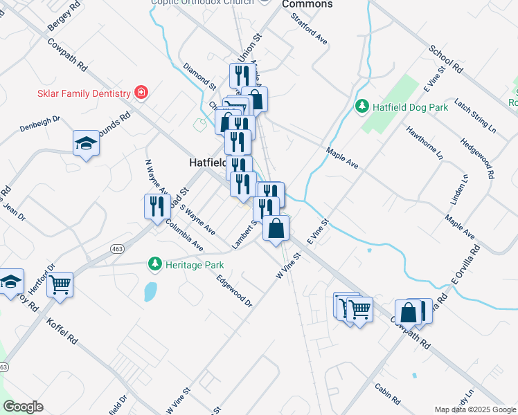 map of restaurants, bars, coffee shops, grocery stores, and more near 23 East Lambert Street in Hatfield