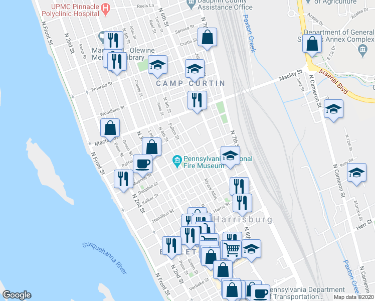 map of restaurants, bars, coffee shops, grocery stores, and more near 438 Muench Street in Harrisburg