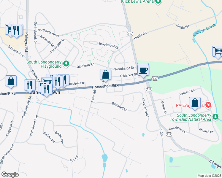 map of restaurants, bars, coffee shops, grocery stores, and more near 2747 East Main Street in Palmyra