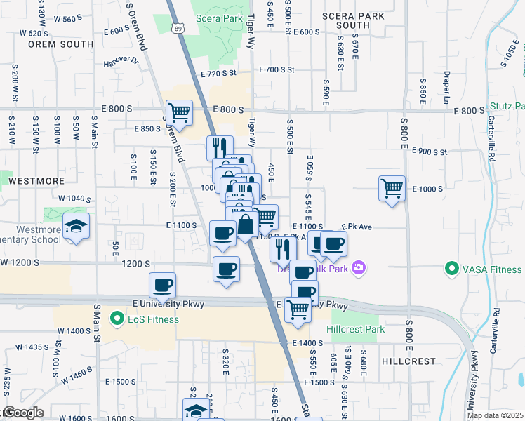 map of restaurants, bars, coffee shops, grocery stores, and more near 400 1010 South in Orem