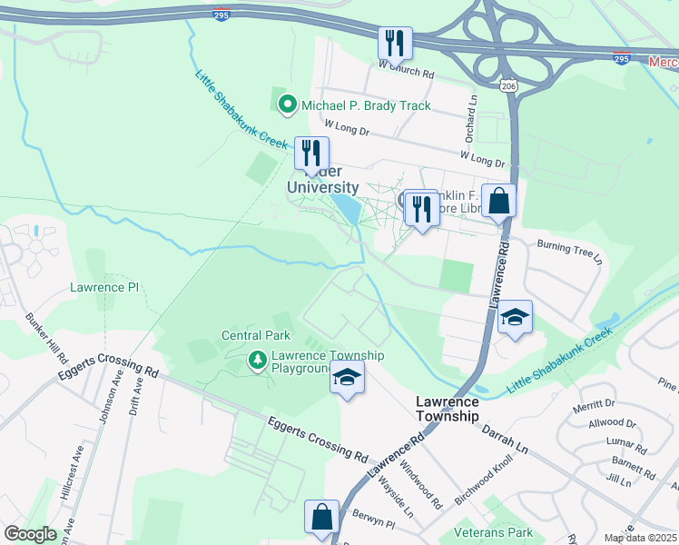 map of restaurants, bars, coffee shops, grocery stores, and more near White Pine Circle & Skillman Avenue in Lawrence Township