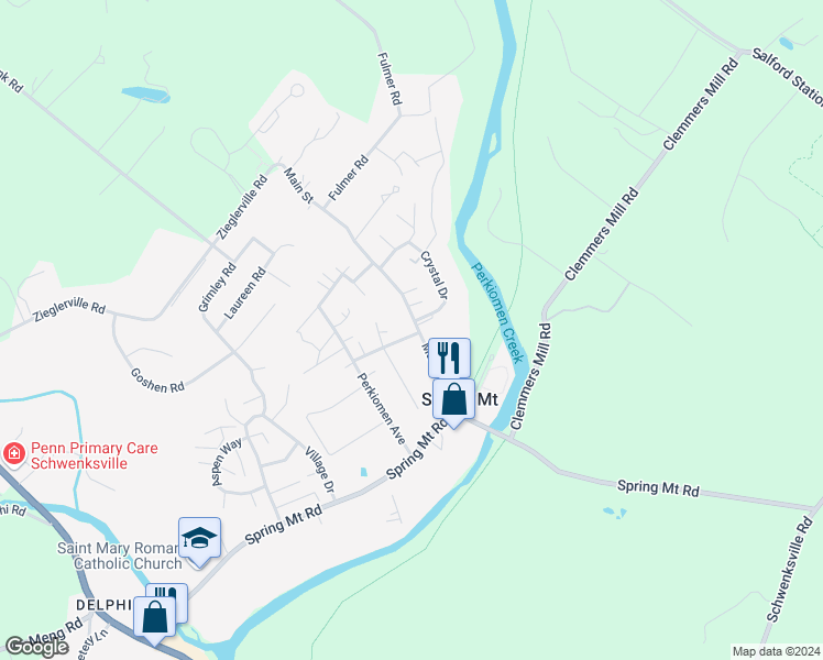 map of restaurants, bars, coffee shops, grocery stores, and more near 102 Main Street in Schwenksville
