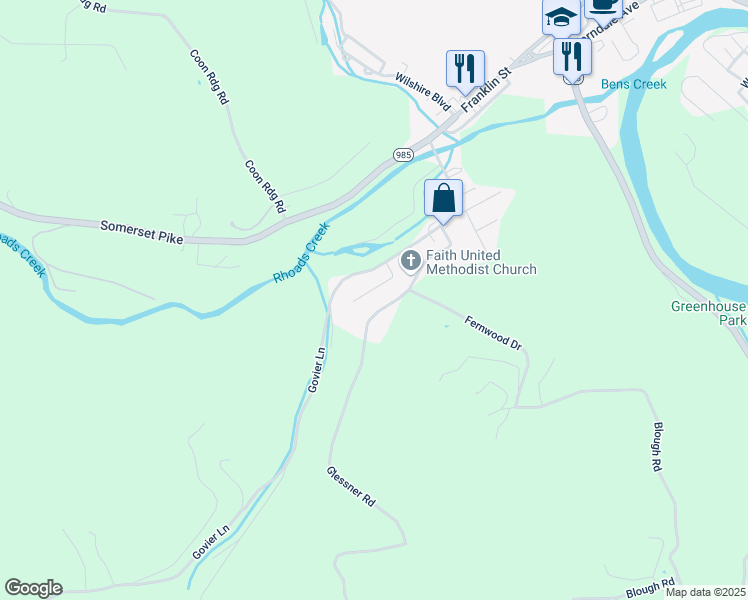 map of restaurants, bars, coffee shops, grocery stores, and more near 140 School Street in Johnstown