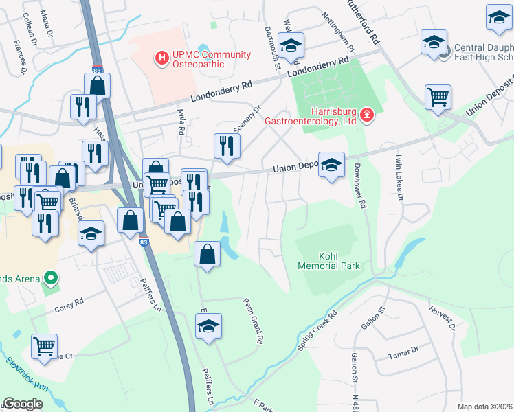 map of restaurants, bars, coffee shops, grocery stores, and more near 1085 Acri Drive in Harrisburg