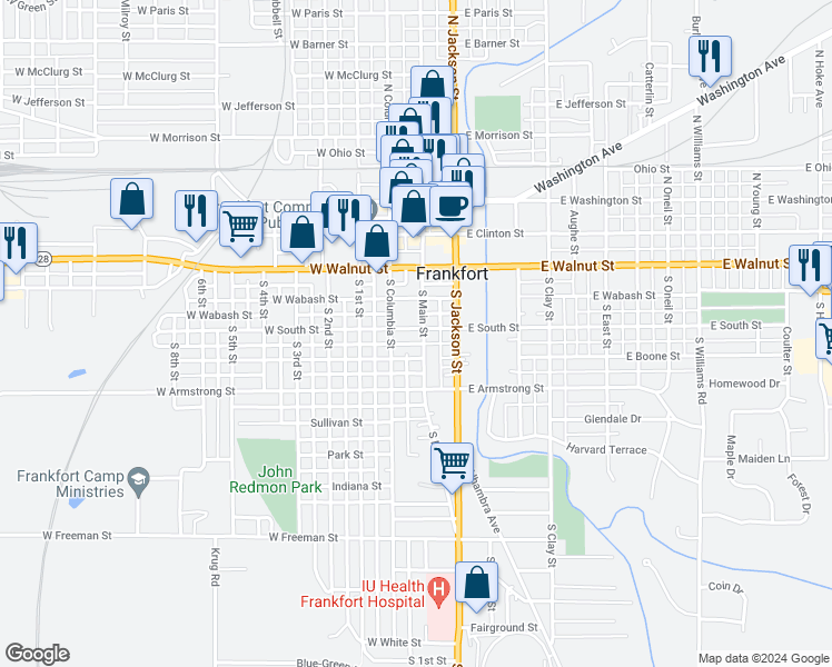 map of restaurants, bars, coffee shops, grocery stores, and more near 402 South Main Street in Frankfort