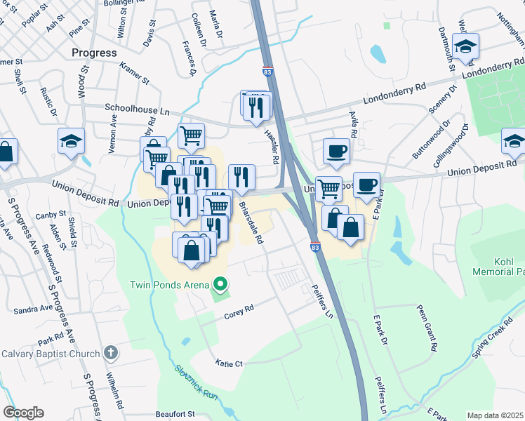 map of restaurants, bars, coffee shops, grocery stores, and more near 1400 Peiffers Lane in Harrisburg