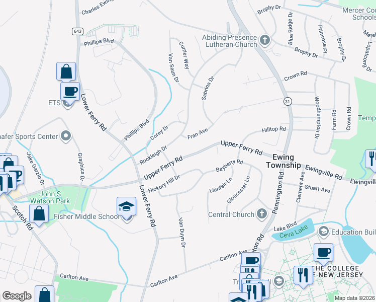 map of restaurants, bars, coffee shops, grocery stores, and more near 94 Upper Ferry Road in Ewing Township