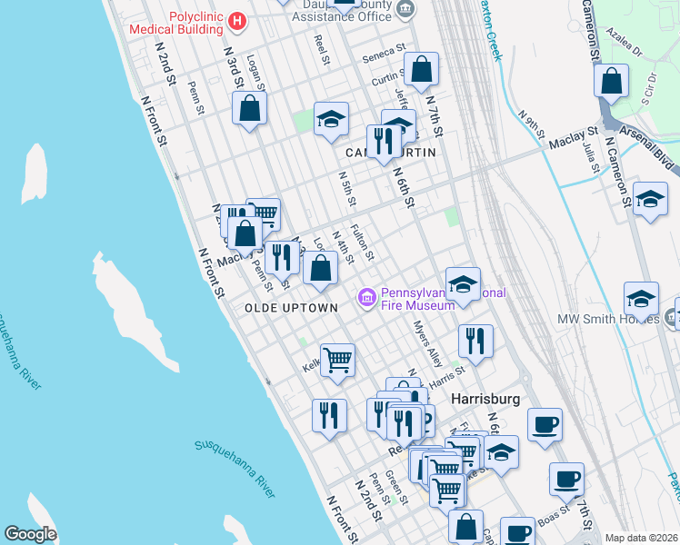 map of restaurants, bars, coffee shops, grocery stores, and more near 343 Peffer Street in Harrisburg