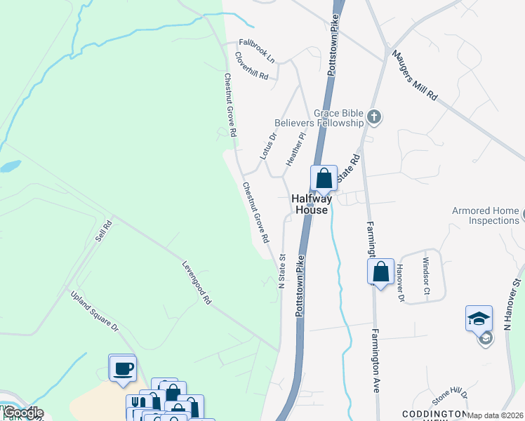 map of restaurants, bars, coffee shops, grocery stores, and more near 1404 Chestnut Grove Road in Pottstown