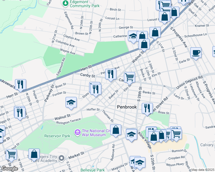 map of restaurants, bars, coffee shops, grocery stores, and more near 2516 Walnut St in Harrisburg