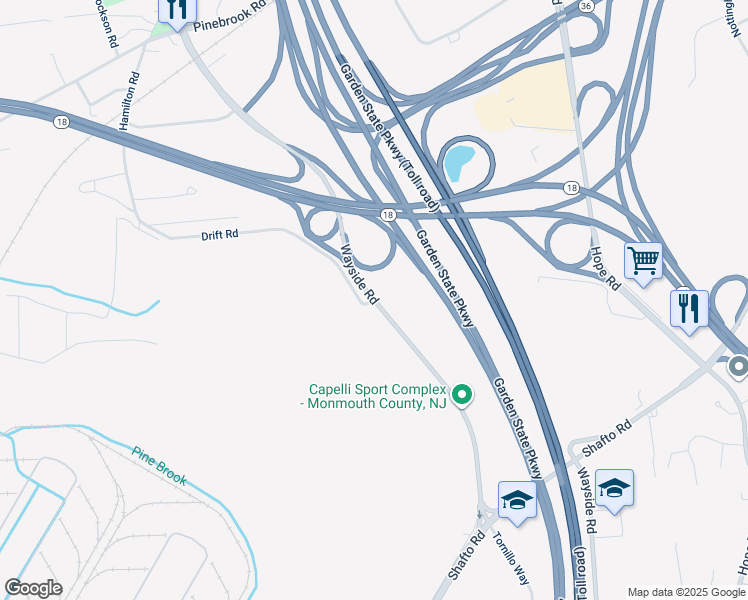 map of restaurants, bars, coffee shops, grocery stores, and more near Wayside Road in Tinton Falls