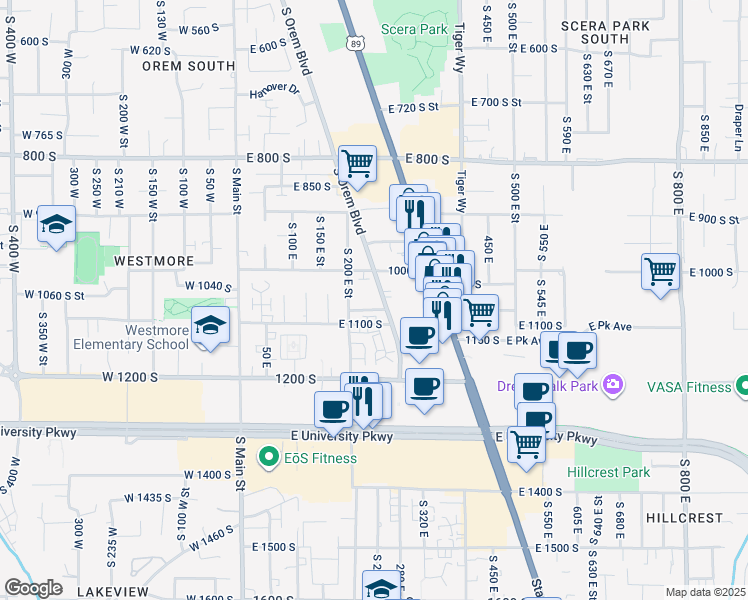 map of restaurants, bars, coffee shops, grocery stores, and more near 1050 Orem Boulevard in Orem