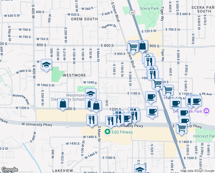 map of restaurants, bars, coffee shops, grocery stores, and more near 1052 Ellen Circle in Orem