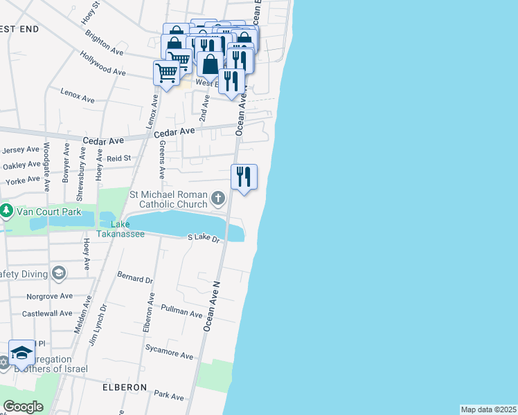 map of restaurants, bars, coffee shops, grocery stores, and more near 801 Ocean Avenue in Long Branch