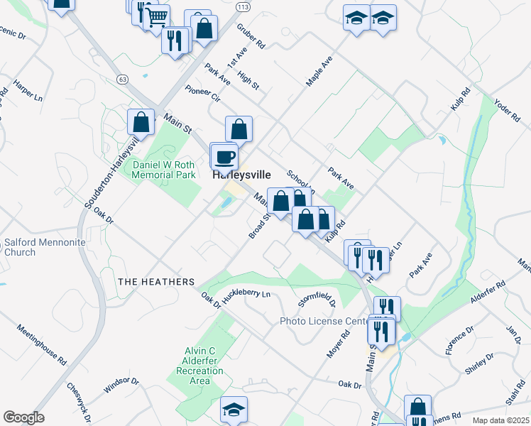map of restaurants, bars, coffee shops, grocery stores, and more near 458 Main Street in Souderton
