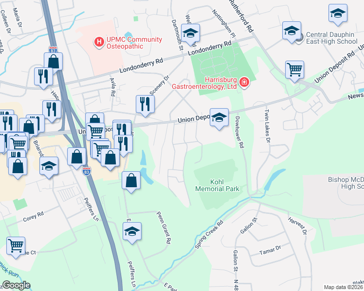 map of restaurants, bars, coffee shops, grocery stores, and more near 4410 Ontario Drive in Harrisburg
