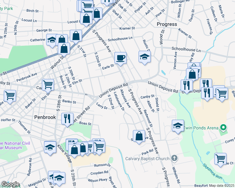 map of restaurants, bars, coffee shops, grocery stores, and more near 405 Altavista Avenue in Harrisburg