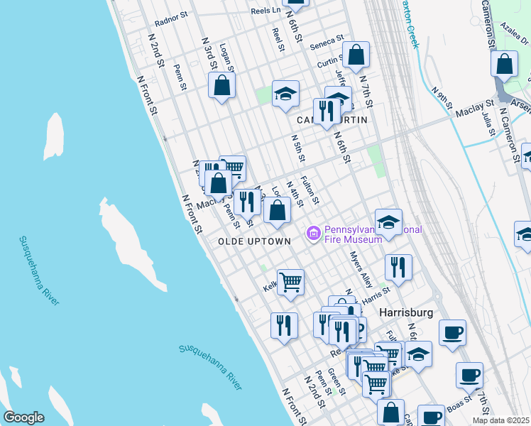 map of restaurants, bars, coffee shops, grocery stores, and more near 2001 North 3rd Street in Harrisburg