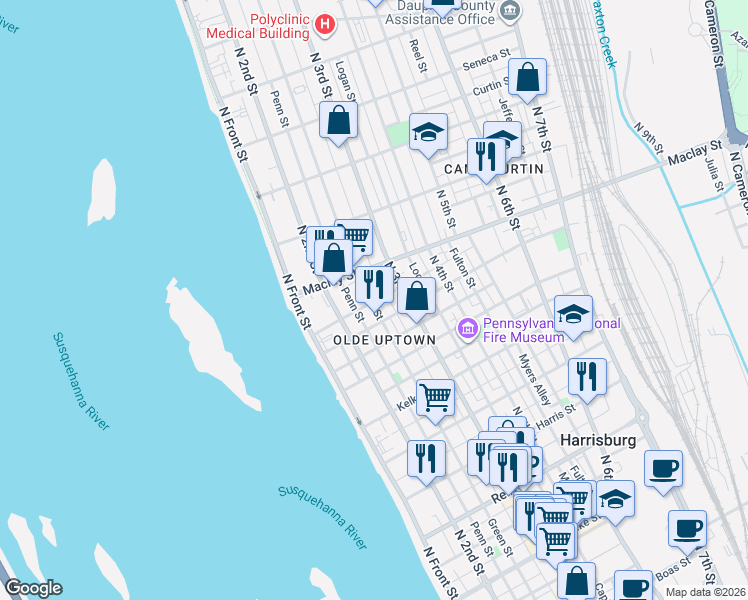 map of restaurants, bars, coffee shops, grocery stores, and more near 2024 Susquehanna Street in Harrisburg
