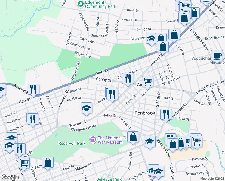 map of restaurants, bars, coffee shops, grocery stores, and more near 2402 Boas Street in Harrisburg